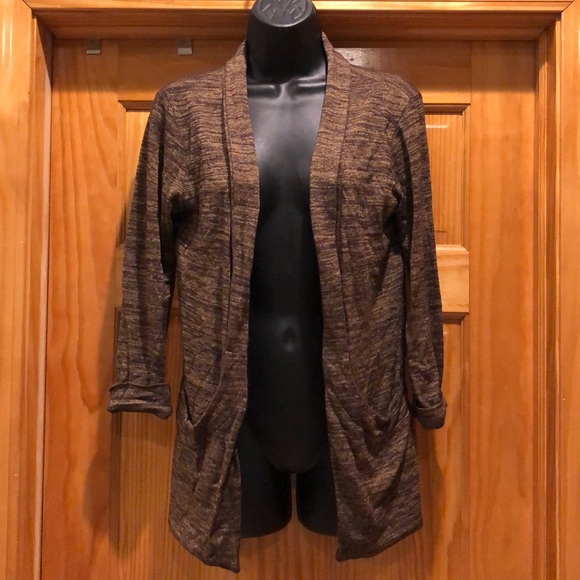Brown and Tan Open Front Cardigan Sweater